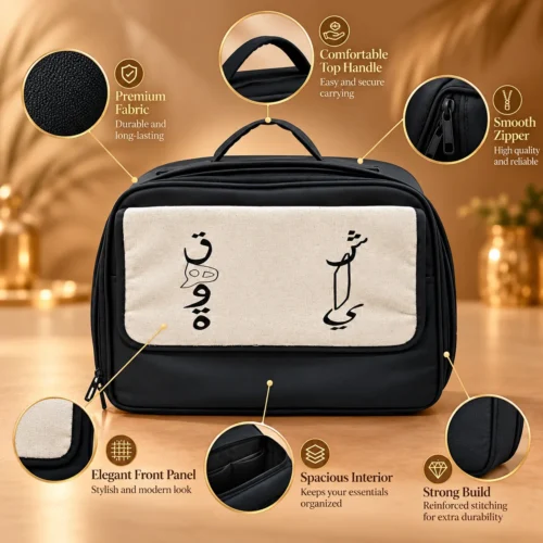 98DEB56C-51F7-4656-AA59-6AC0ADCF06F4 Black fabric travel bag with beige canvas front panel, top handle, and dual zipper pulls