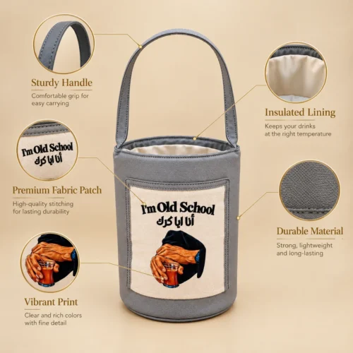 Insulated drink carrier bag in gray fabric with cream canvas patch, insulated lining, and a sturdy top handle