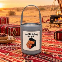 Thermal drink carrier bag in gray fabric with a canvas front panel and a single top carry handle