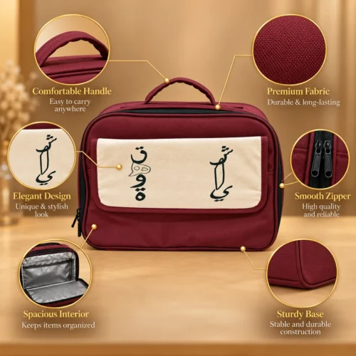 D4893E1D-3A25-44A3-BE05-26B0BFC80ABC Burgundy fabric insulated lunch bag with beige front panel, zipper closure, and top handle
