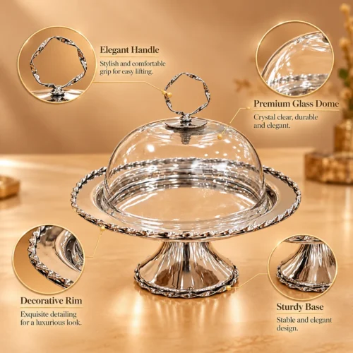 Silver metal cake stand with clear glass domed lid, twisted ring handle, decorative rim, and pedestal base.