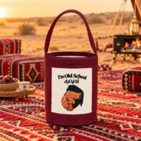 DC3257A2-BE3C-4A0D-83DC-469CC01AF65C Burgundy fabric thermal food warmer bag with front printed canvas panel and a top carry handle