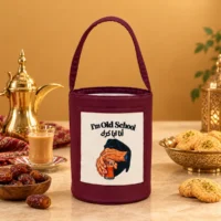 E10AFD4F-0E14-4BAD-899F-4C6EDCCB0E17 Maroon fabric insulated drink carrier with single top handle and a front canvas patch print