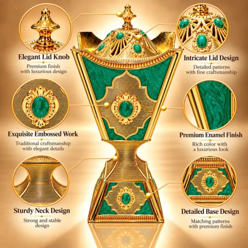 Emerald and Gold Elegance Showcase Incense burner in gold-tone metal with green enamel panels, embossed details, and a domed lid with finial knob