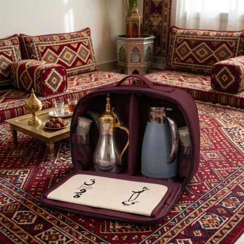 Gemini_Generated_Image_14toja14toja14to Interior view of maroon fabric travel bag with silver metal dallah pot with brushed gold lid and matte blue thermal carafe