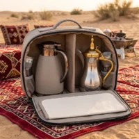 Gemini_Generated_Image_4zbqfs4zbqfs4zbq Open-case view of beige travel set with stainless steel dallah with gold lid and handle and a matte beige thermal carafe