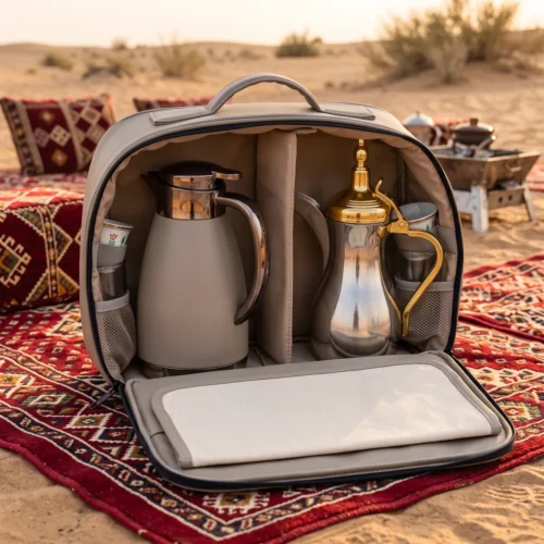 Gemini_Generated_Image_4zbqfs4zbqfs4zbq Open-case view of beige travel set with stainless steel dallah with gold lid and handle and a matte beige thermal carafe