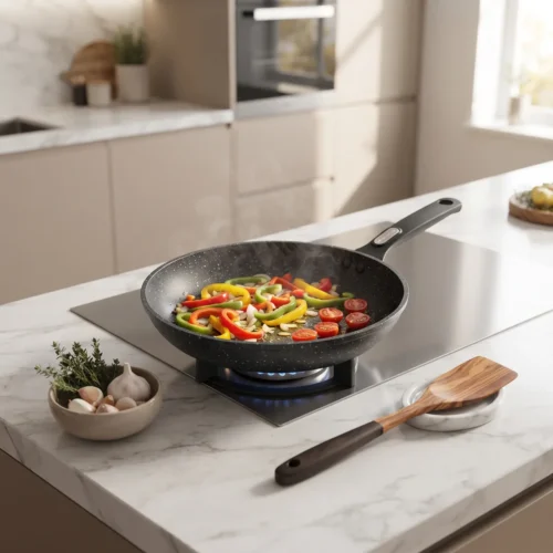 Black speckled nonstick frying pan with long handle and matte finish