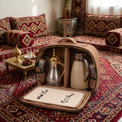 Gemini_Generated_Image_gnehhfgnehhfgneh tan fabric zippered carry bag with silver dallah coffee pot with gold domed lid and cream thermal carafe, top handle