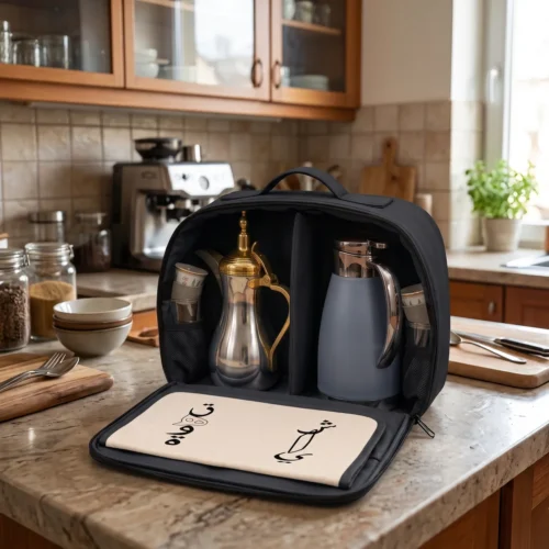 Gemini_Generated_Image_i4srzwi4srzwi4sr Open interior of black fabric case with silver dallah coffee pot, gold domed lid, and matte blue thermos with chrome handle