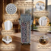 Gemini_Generated_Image_lsindjlsindjlsin White powder-coated metal prayer mat stand with lattice panels, dual side pockets, and lockable gold casters