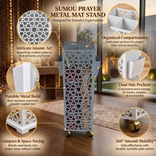 Gemini_Generated_Image_lsindjlsindjlsin White powder-coated metal prayer mat stand with lattice panels, dual side pockets, and lockable gold casters