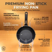 Top-down view of a black granite-coated non-stick frying pan with double-riveted matte black hanging handle