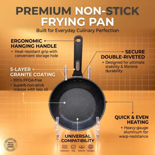 Top-down view of a black granite-coated non-stick frying pan with double-riveted matte black hanging handle