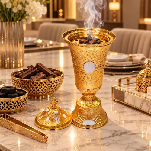 embossed gold metal incense burner with white inlays and a domed lid