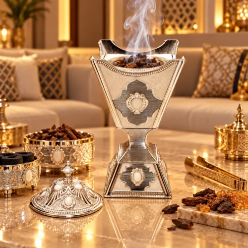 Silver embossed metal incense burner with gold-trimmed rim on a pedestal base