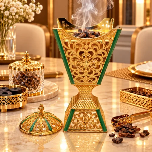 Luxurious Golden Mabkhara with Rising Smoke Incense burner in gold-tone embossed metal with green enamel panels, with removable domed lid