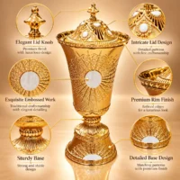 Embossed gold metal incense burner with domed lid and knob, decorative rim, and sturdy pedestal base
