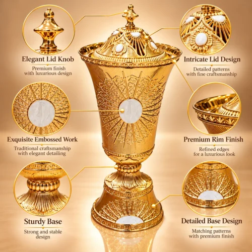 Embossed gold metal incense burner with domed lid and knob, decorative rim, and sturdy pedestal base