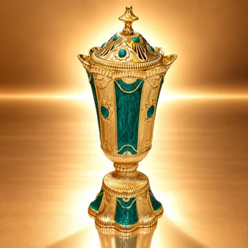 Ornate Golden Emerald Chalice Urn WAAYAN Emerald Chalice Mabkhara Luxury Arabian Homeware UAE