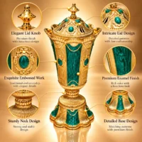 Ornate Golden Emerald Urn Infographic Gold-tone metal and green enamel incense burner with domed lid and finial knob, scalloped base
