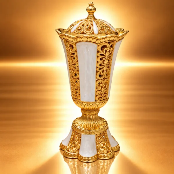 Ornate Golden Filigree Lidded Urn WAAYAN Gilded Chalice Mabkhara Luxury Arabian Homeware UAE