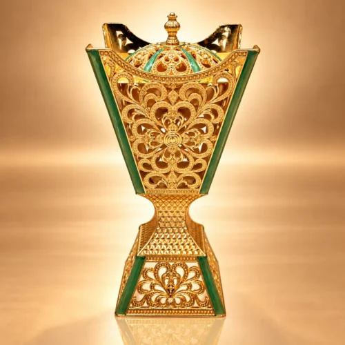 Ornate Golden Filigree Vessel with Green Enamel WAAYAN Emerald Mabkhara Censer Luxury Arabian Homeware UAE
