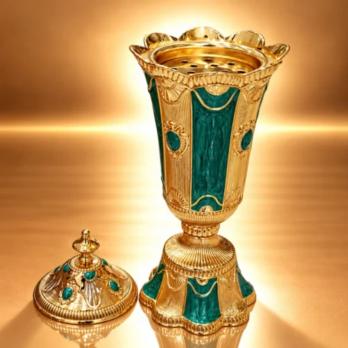 Ornate Golden Green Incense Burner incense burner in gold-tone embossed metal with green enamel panels, domed lid and scalloped rim, lid removed and set beside