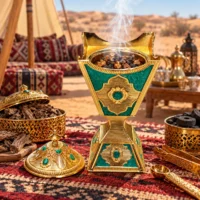 Ornate Golden-Green Incense Burner in Desert Camp Incense burner in polished gold metal with green enamel panels and an open bowl top