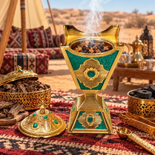 Ornate Golden-Green Incense Burner in Desert Camp Incense burner in polished gold metal with green enamel panels and an open bowl top