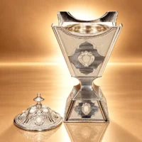 Silver embossed metal incense burner with decorative inlays and a matching domed lid with finial, shown with lid removed.