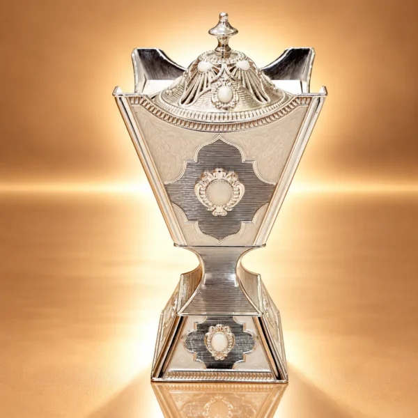 Ornate Silver Incense Vessel on Golden Glow WAAYAN Silver Majlis Mabkhara Luxury Arabian Homeware UAE