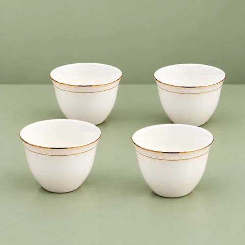 Cawa Cups, 12-Piece Set with Gold-Tone Rim Cawa cups in a 12-piece set, showing white cups with gold-tone rims