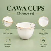 Cawa Cups, 12-Piece Set with Gold-Tone Rim Cawa cup product graphic showing gold-tone rim and glossy white finish
