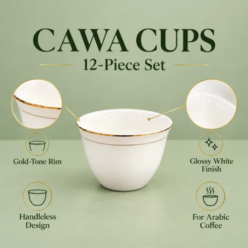 Cawa Cups, 12-Piece Set with Gold-Tone Rim Cawa cup product graphic showing gold-tone rim and glossy white finish