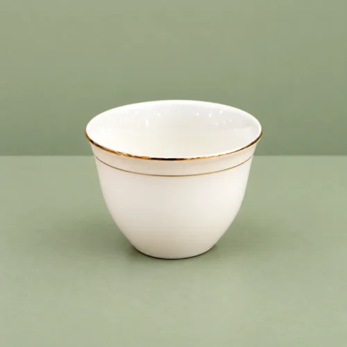 Cawa Cups, 12-Piece Set with Gold-Tone Rim Single white cawa cup with a gold-tone rim and narrow decorative band