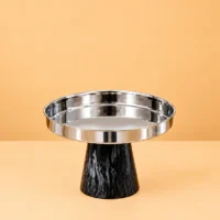cs3c_1 (3) Silver stainless steel pedestal serving tray with raised rim and a black marbled base
