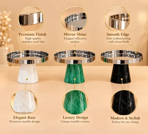 cs3c_1 (4) 3-piece set of pedestal cake stands with silver stainless steel rims and white, green, and black marble bases