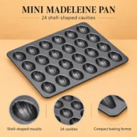 Mini Madeleine Pan, 24 Cavities, Non-Stick Mini Madeleine Pan with 24 shell-shaped cavities on a warm background