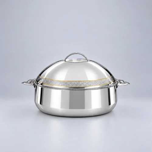Stainless Steel Hot Pot Collection with Textured Lid Band – 5 Sizes Single stainless steel hot pot with domed lid and decorative band