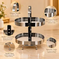 Stainless Steel Sweet Stand with Two Serving Tiers Close view of the stand's reflective trays, central handle, and footed base