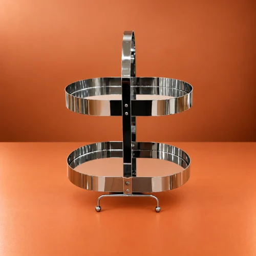 Stainless Steel Sweet Stand with Two Serving Tiers Stainless steel sweet stand with two tiers displaying dates, nuts, and pastries