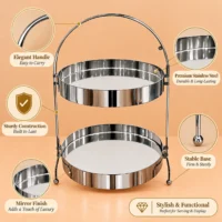 Two Tier Serving Stand, 25 × 42 Cm Close-up graphic of the stand’s handle, reflective trays, and rounded feet