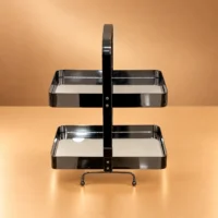 Two Tier Sweet Stand with Two Raised Trays, 30 × 18 × 42 Cm Two tier sweet stand shown empty with two reflective rectangular trays and upright handle