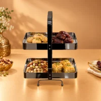Two Tier Sweet Stand with Two Raised Trays, 30 × 18 × 42 Cm Two-tier stand arranged with pastries and dates on its two trays